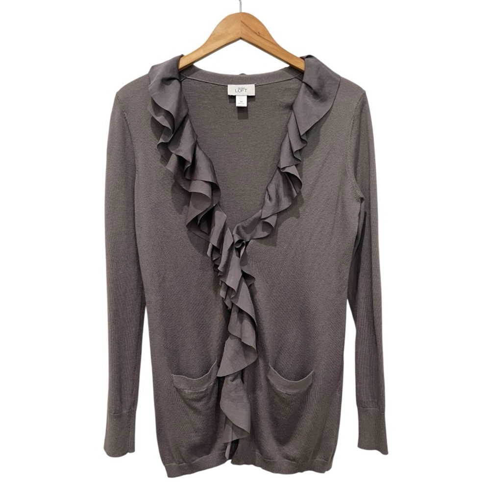 LOFT Gray Ruffle Trim Wool Blend Cardigan Sweater | Size M